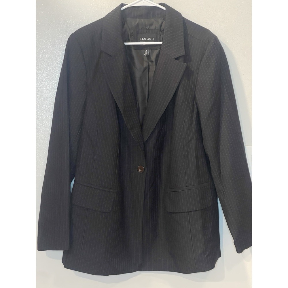 Eloquii Black Pinstripe Herringbone Single Button Blazer Jacket Womens Size 18